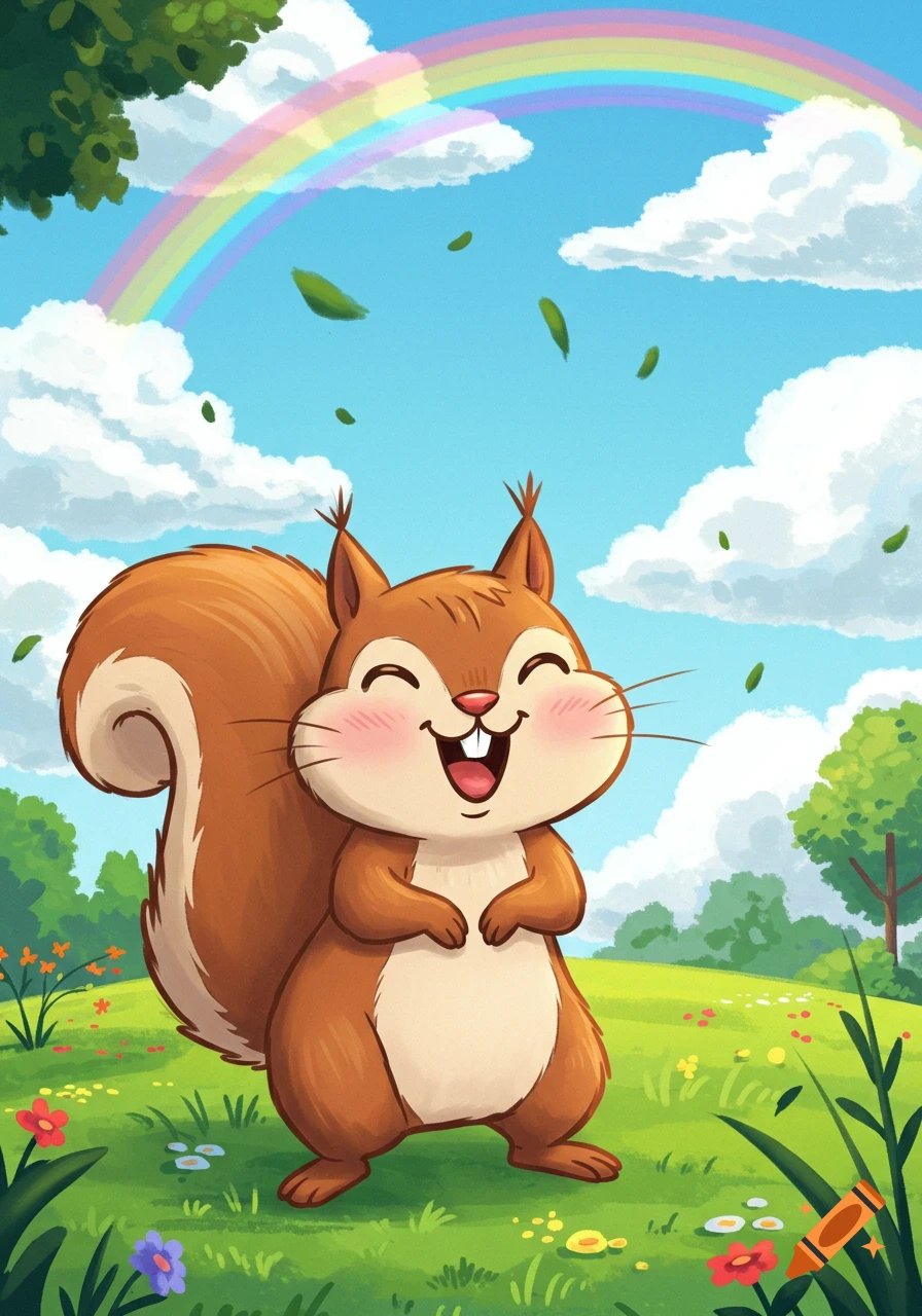 A cheerful cartoon squirrel stands in a vibrant green field with flowers under a blue sky and rainbow.