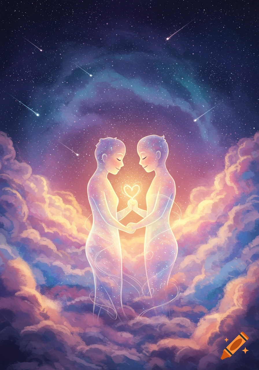 Two glowing, translucent figures hold hands, forming a heart, amidst colorful cosmic clouds and stars in a beautiful illustration.