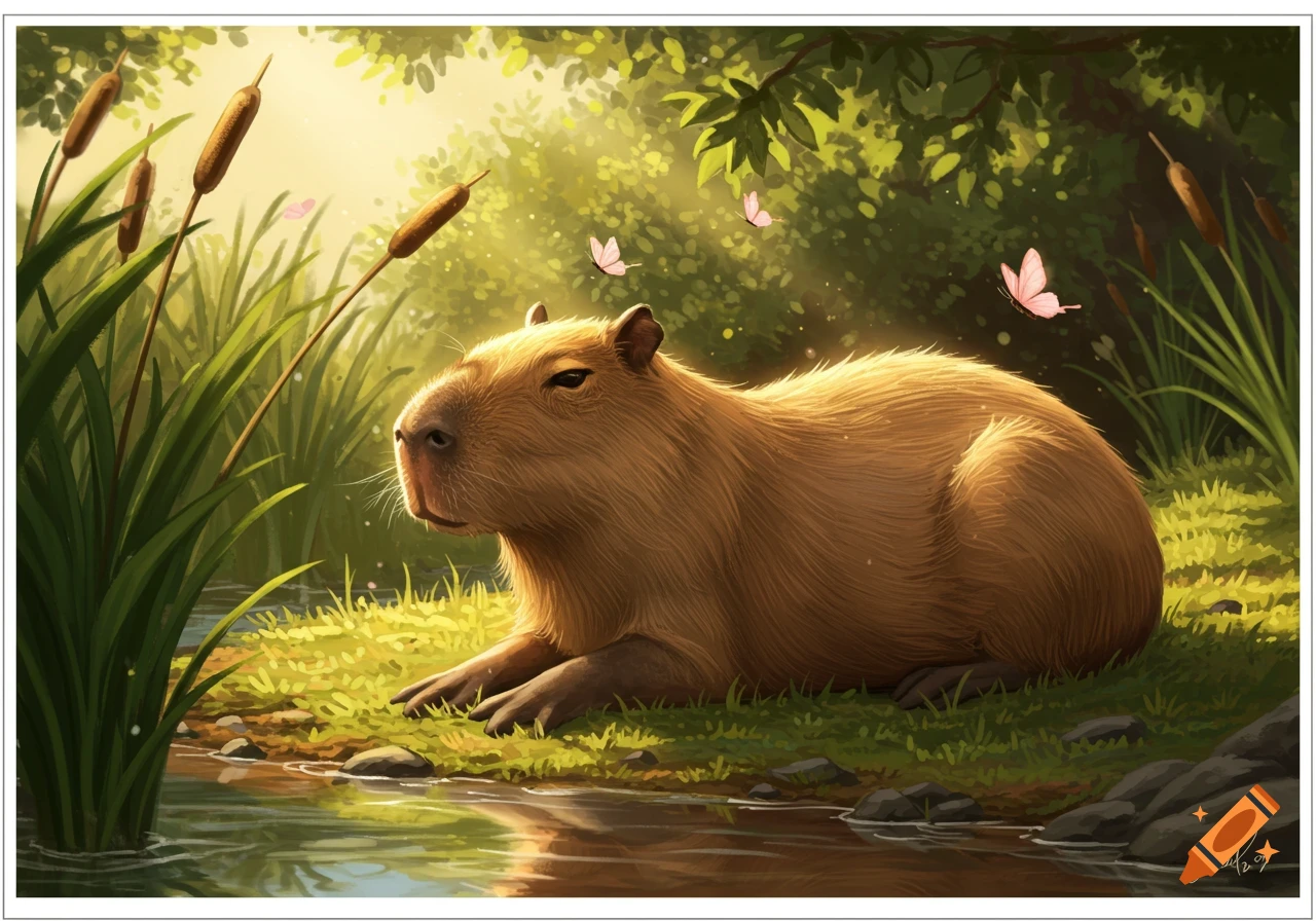 Digital painting of a capybara resting by a pond, surrounded by green reeds and trees, with sunlight and pink butterflies.