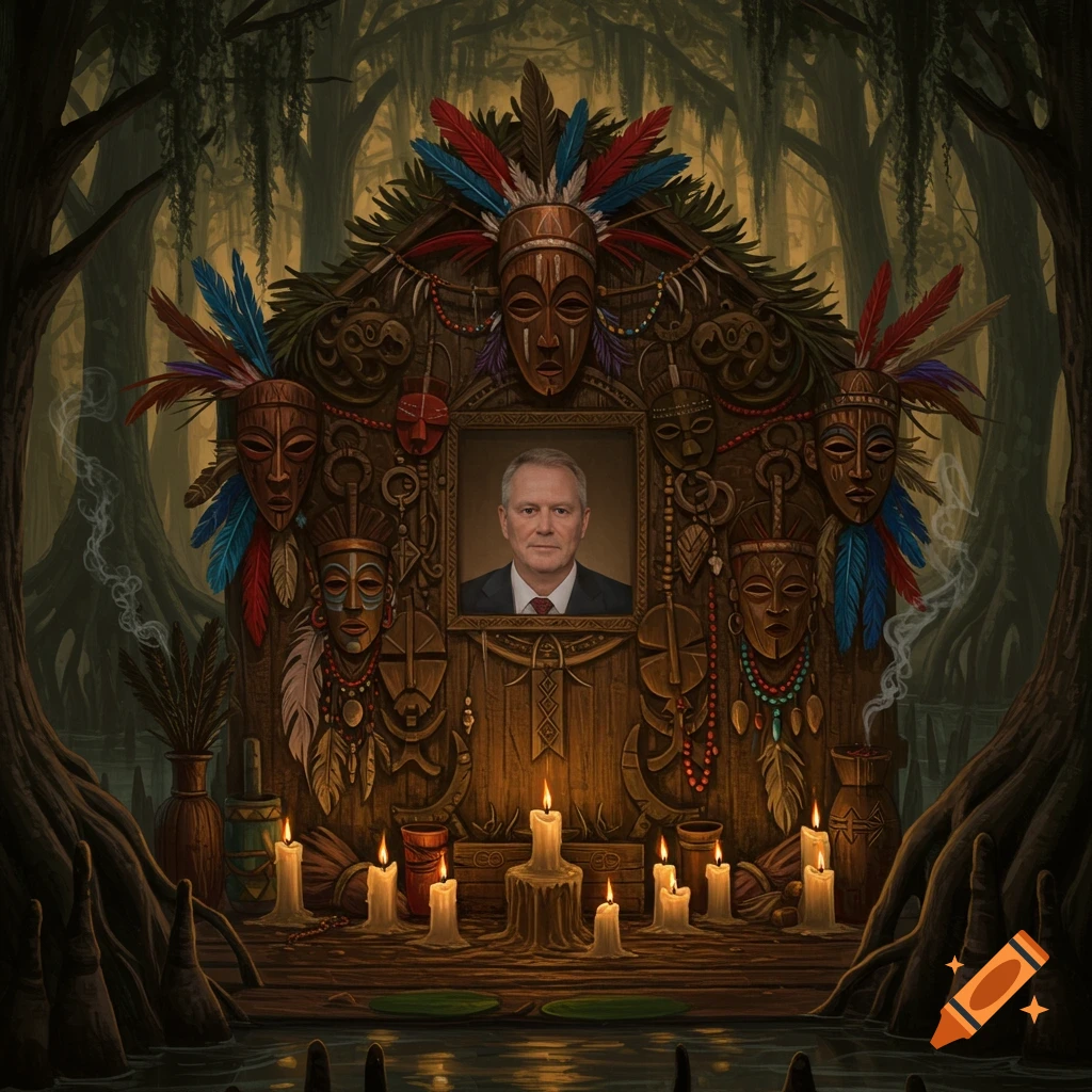 Illustrated voodoo shrine with a portrait of a man, surrounded by carved masks, feathers, and lit candles in a dark swamp setting.