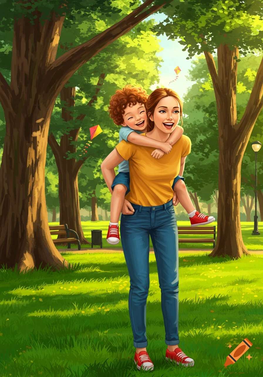 An illustration of a woman giving a piggyback ride to a laughing child in a sunny park with trees.