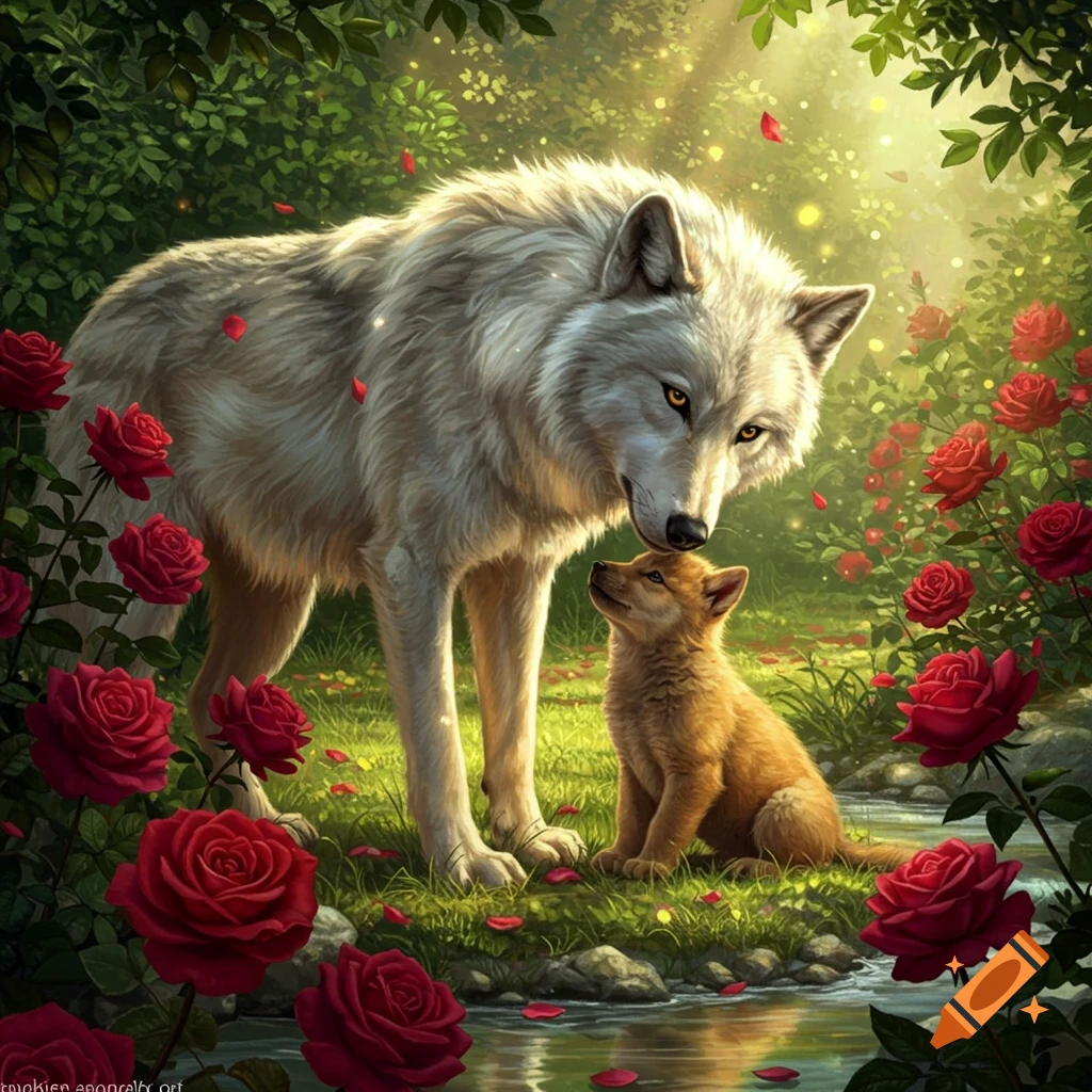 A gentle white mother wolf nuzzles her cub in a lush rose garden by a stream, with sunbeams filtering through the forest.
