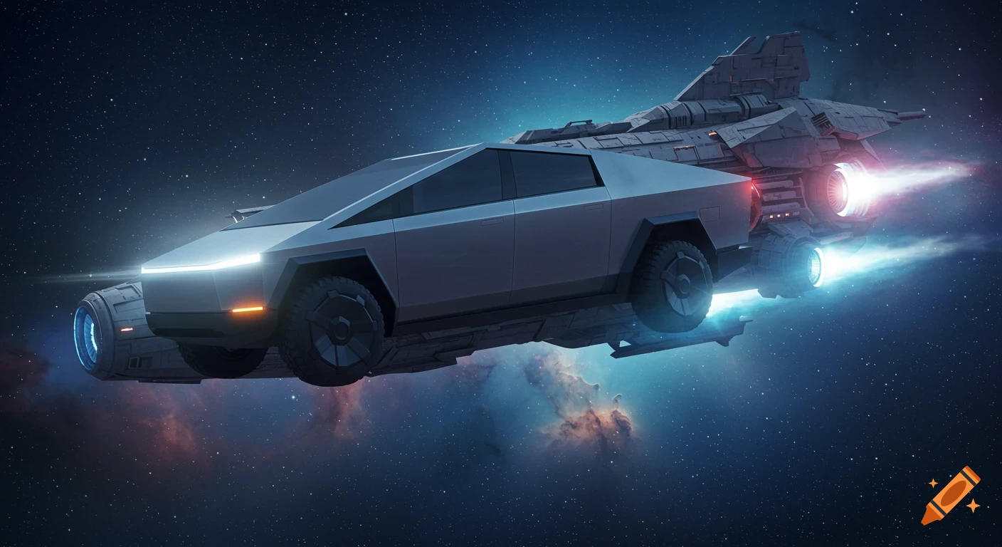 A futuristic Tesla Cybertruck integrated with an alien spaceship flies through a star-filled galaxy with nebulae.