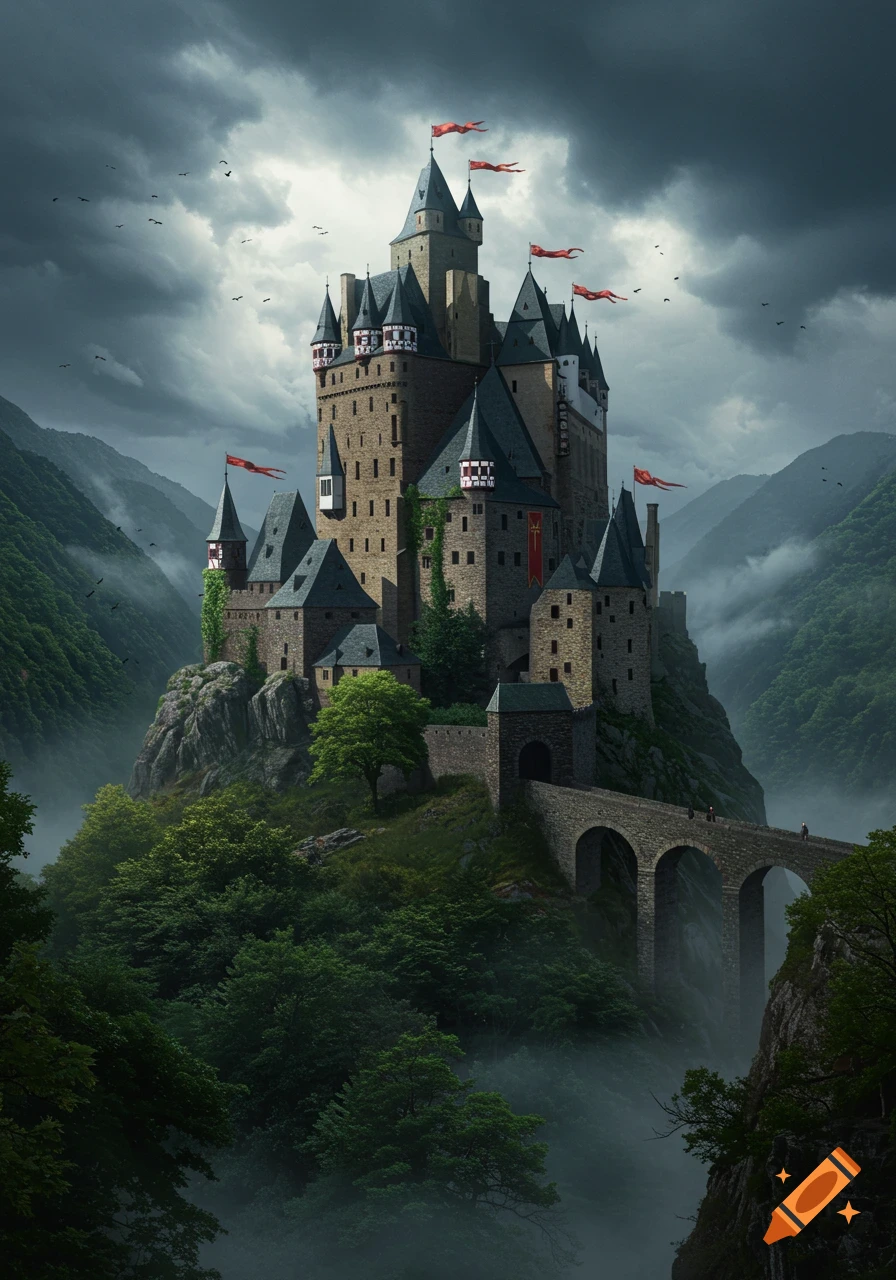 Majestic medieval castle on a misty, forested mountain peak under a cloudy sky, with a stone bridge leading to its entrance.