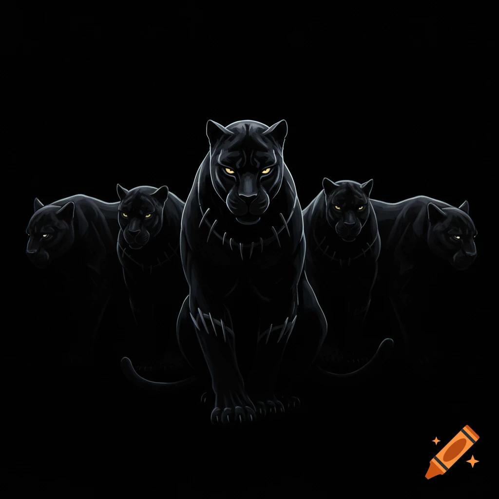 Five stylized black panthers with glowing yellow eyes emerge from a dark background, showing subtle costume details.