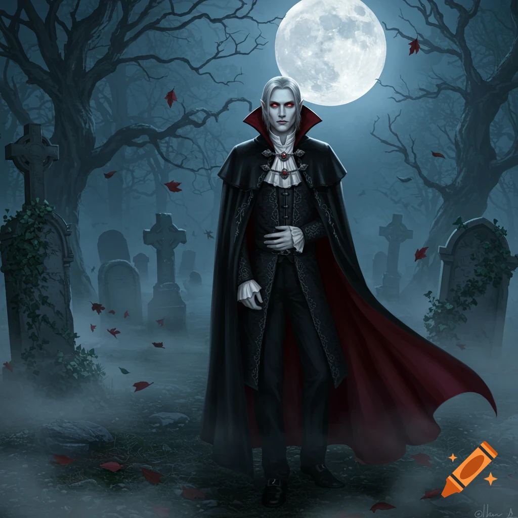 A pale, white-haired vampire with red eyes in a black and red cape stands in a foggy graveyard under a full moon.