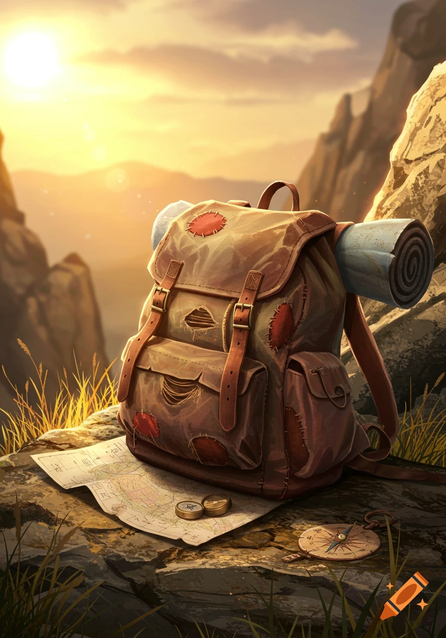 Worn brown backpack, rolled mat, map, and compasses on a rocky outcrop at sunset in mountains, illustrated.