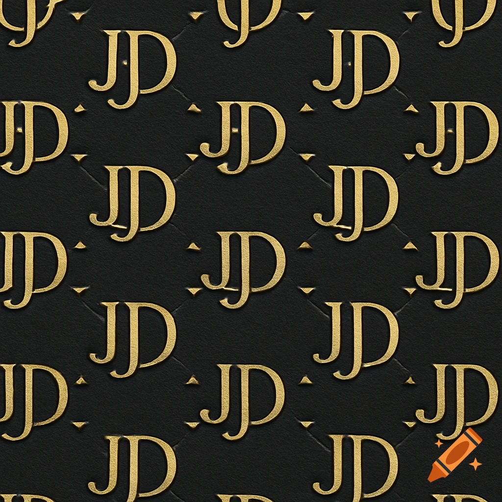 A repeating golden JD monogram pattern on a quilted black background, similar to a luxury brand design.