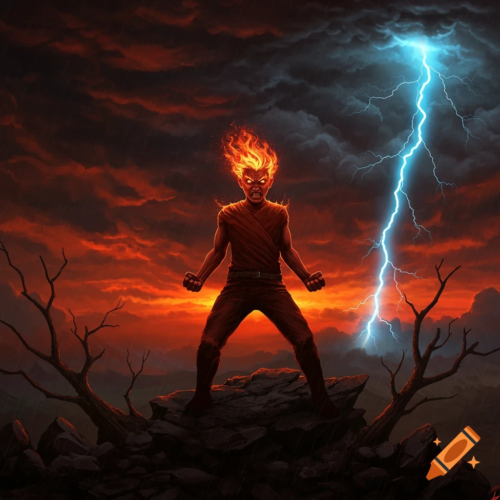 A fiery, angry figure stands on a rocky outcrop under a stormy, red-orange sky, with a bright blue lightning bolt striking down.