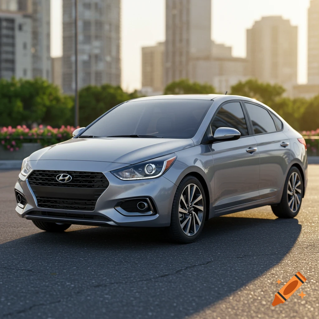 A silver Hyundai Accent sedan parked on asphalt with city buildings in the background during sunset, photorealistic.