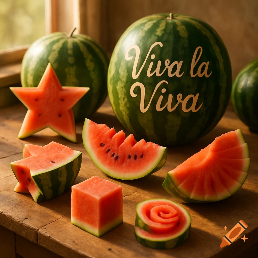 A still life arrangement of watermelons, some whole and one with 'Viva la Viva' text, others creatively sliced into shapes like a star, cube, and rose on a wooden table.
