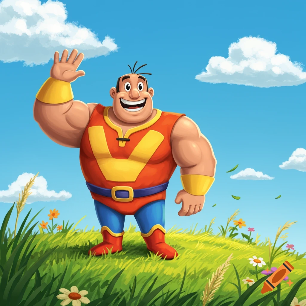 A muscular, smiling cartoon strongman with a red, yellow, and blue costume featuring a 'V' on his chest, waves on a grassy hill under a blue sky.