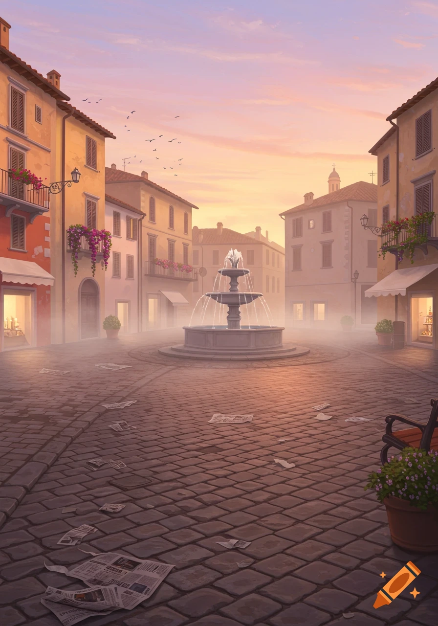 A tranquil town square with an ornate fountain at its center, surrounded by European-style buildings during a misty sunrise or sunset. Scattered newspapers lie on the cobblestone ground.