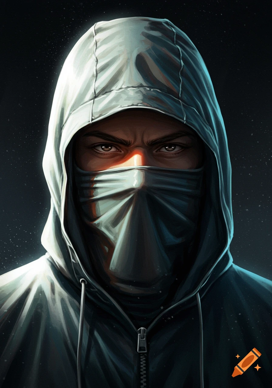 A person in a hooded windbreaker with a face covering and intense eyes, rendered in digital art with dramatic lighting.
