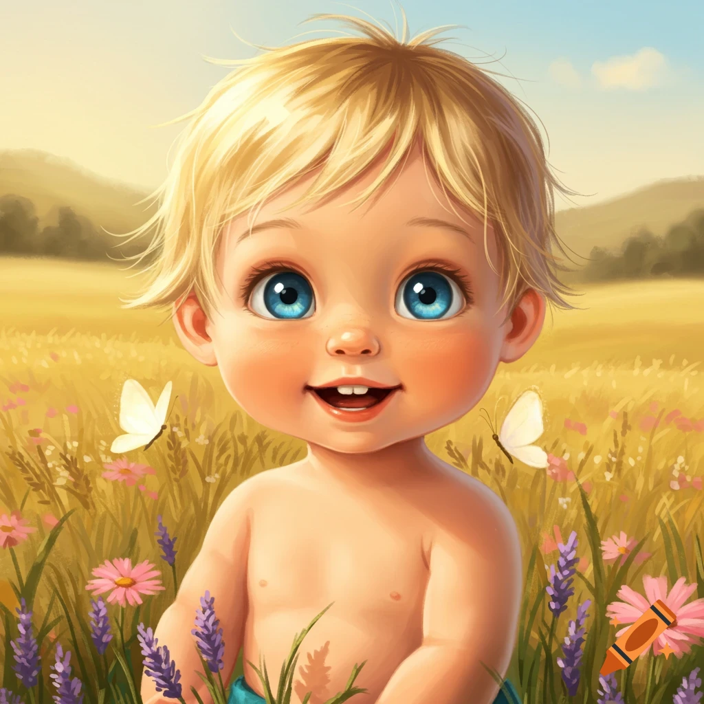 Cute cartoon blonde baby with big blue eyes smiling in a field of flowers and butterflies.