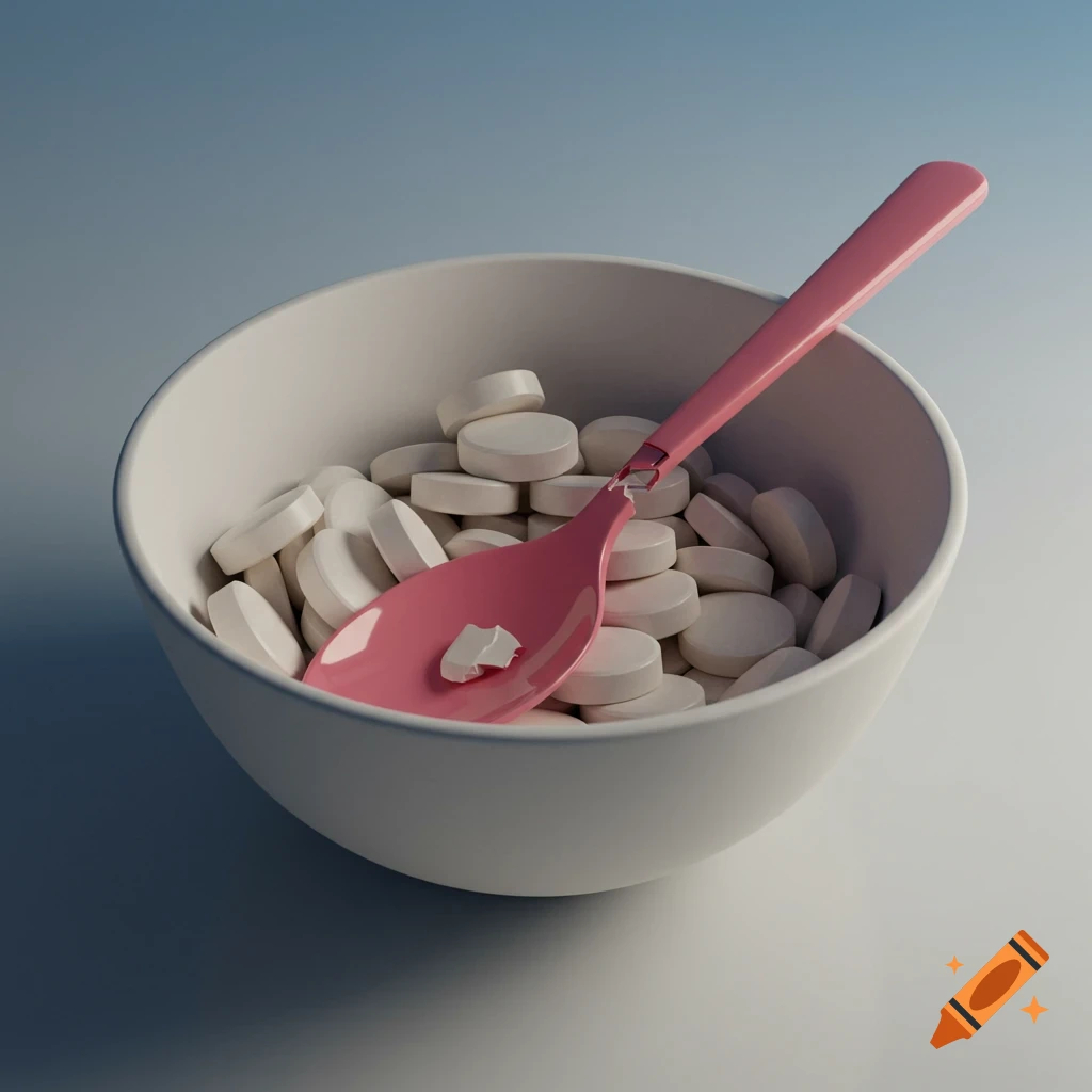 A white bowl filled with many white pills, with a broken pink spoon resting on top, rendered in a clean style.