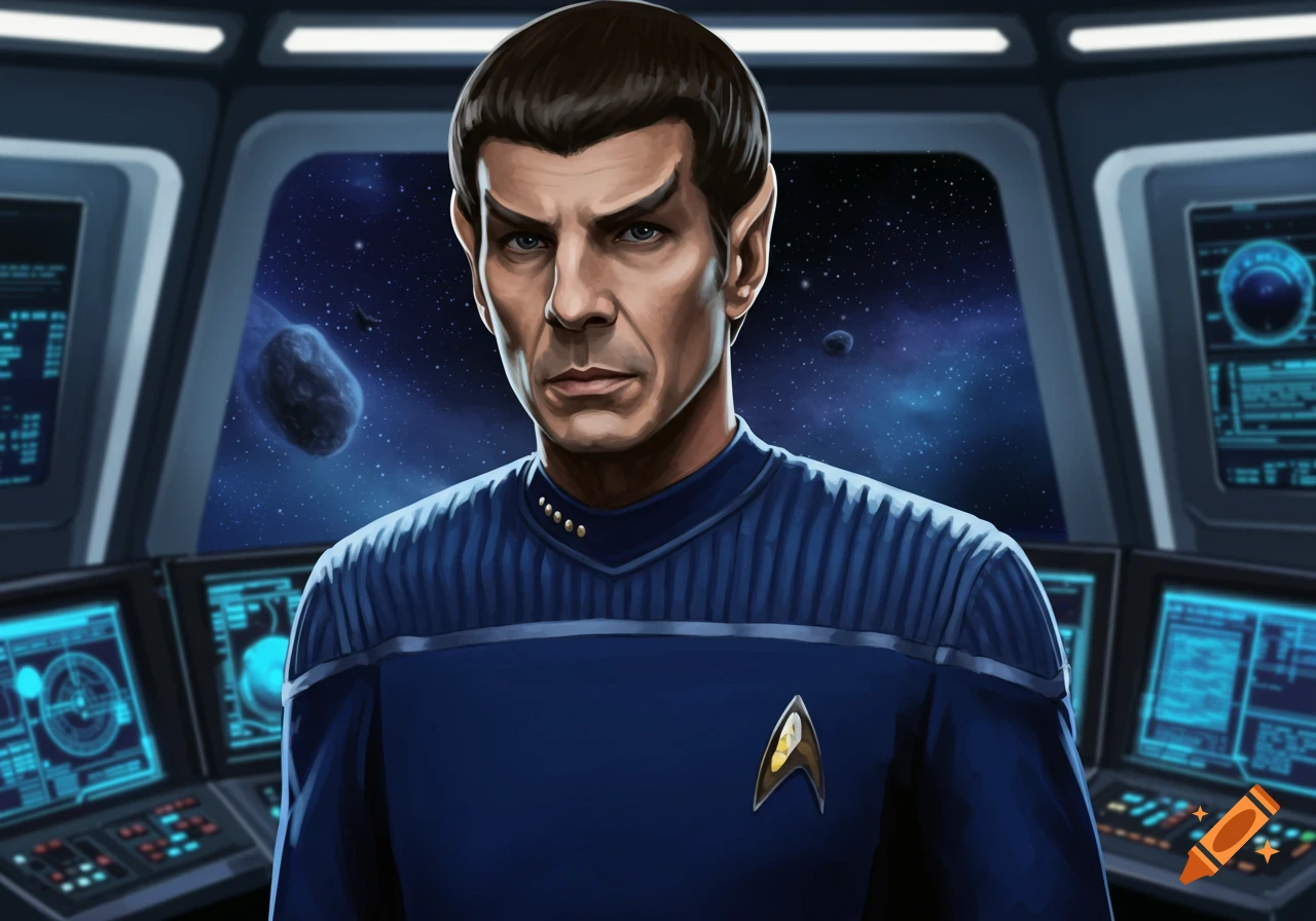 Digital painting of a serious Vulcan man in a blue Starfleet uniform on a spaceship bridge, with stars and an asteroid visible through the viewport.