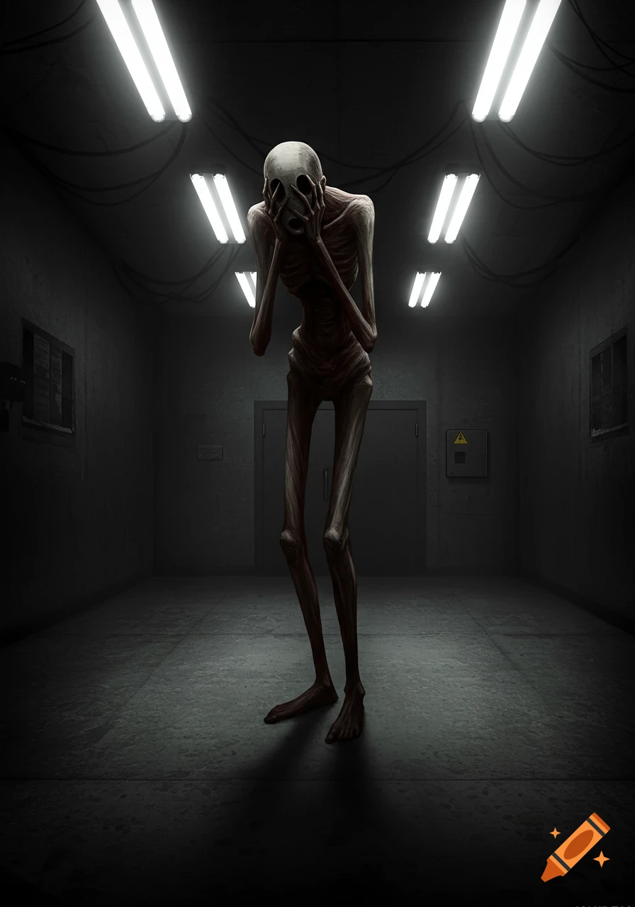 An emaciated, pale humanoid creature (SCP-096) stands covering its face in a dimly lit, stark room with fluorescent lights, horror art.