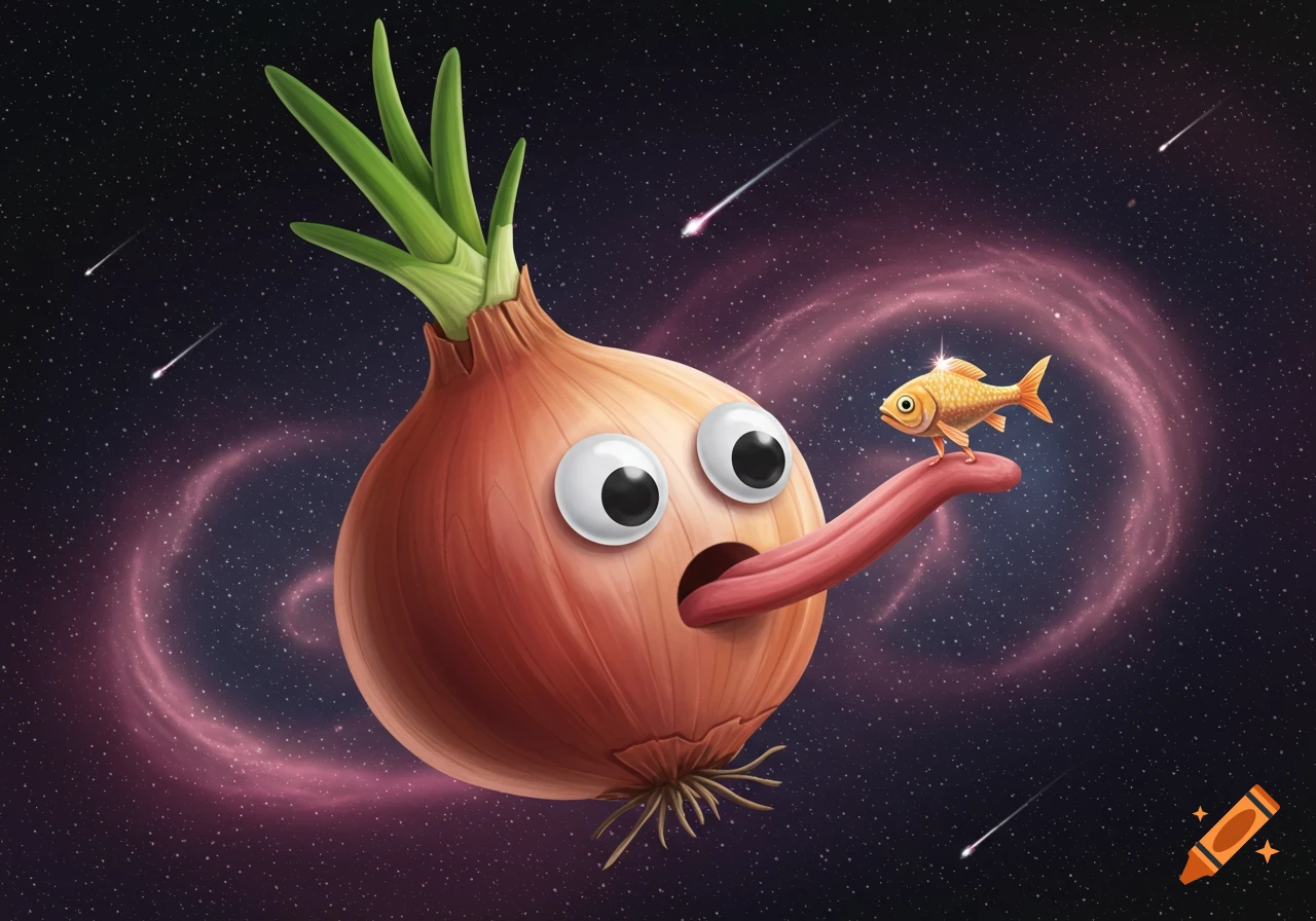 A whimsical cartoon onion with googly eyes and a long tongue holding a golden fish, floating in starry space with pink nebulae.