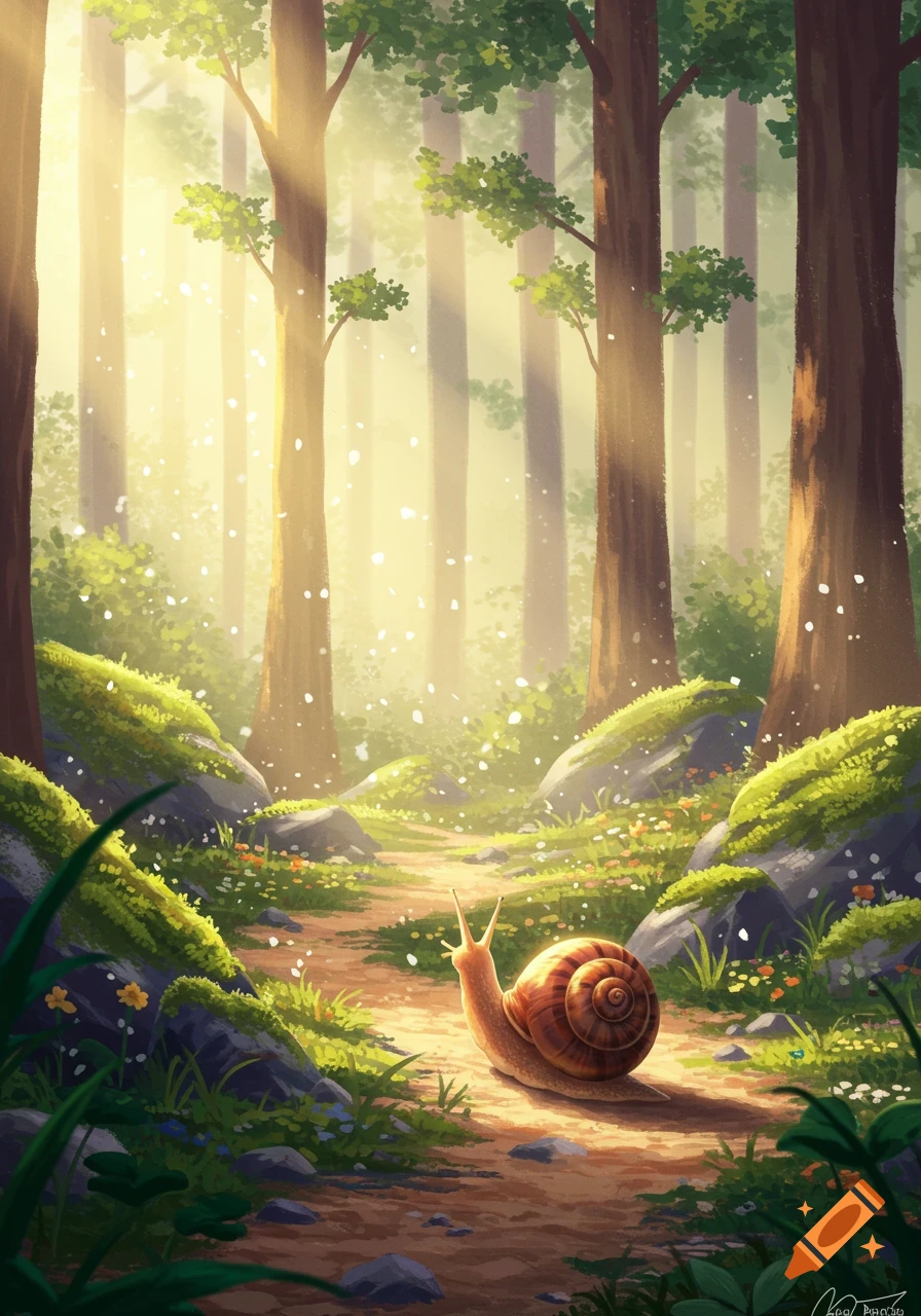 An illustrated snail moves along a sun-dappled path in a vibrant, misty forest.