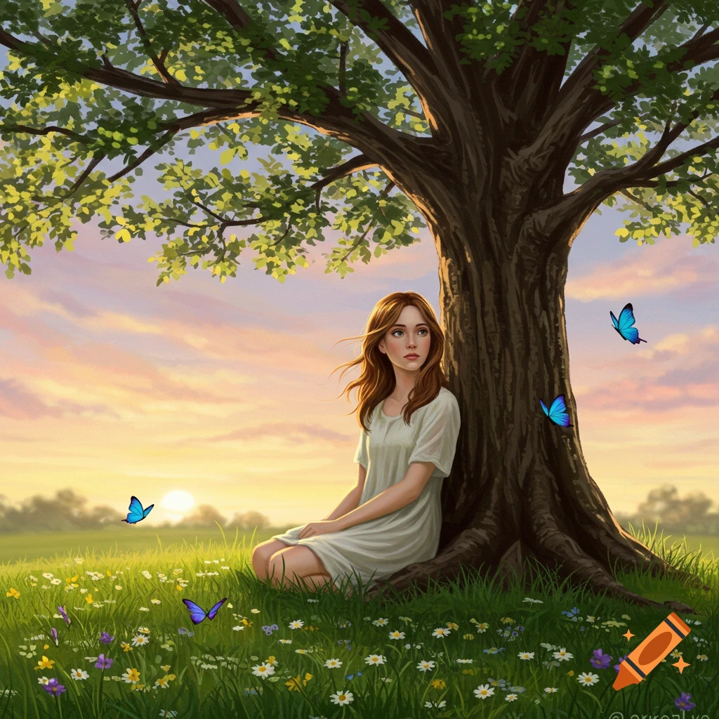 A young woman with long brown hair sits under a large tree in a field of wildflowers at sunset, with blue butterflies.