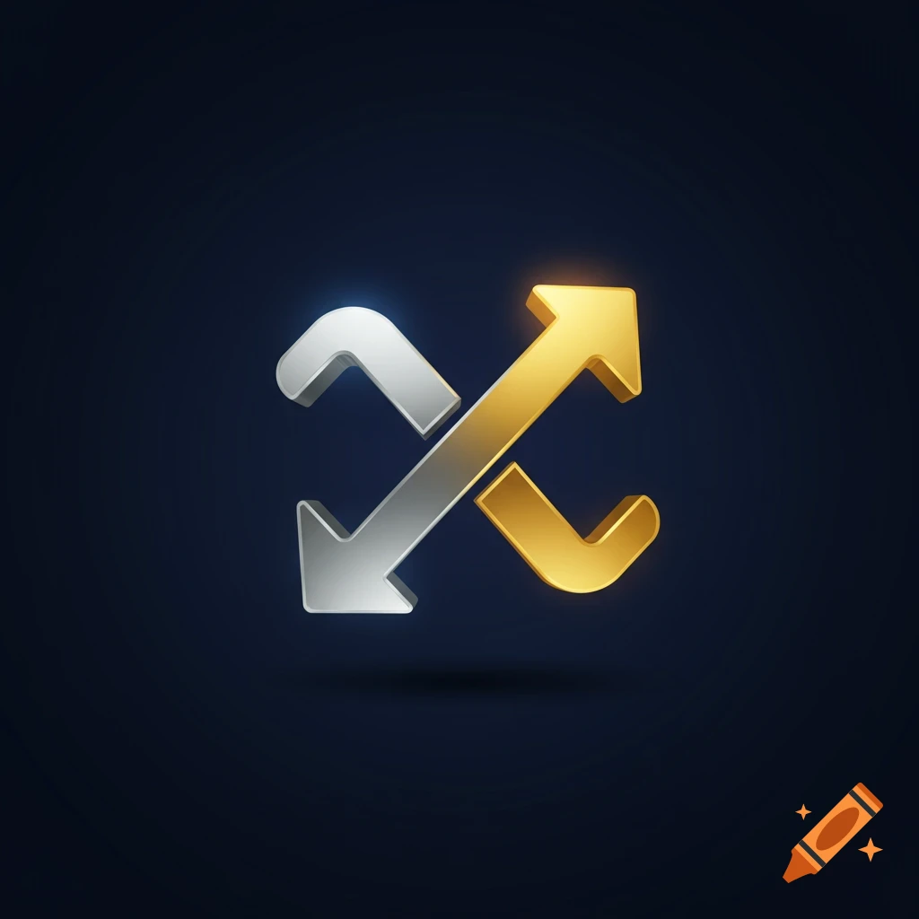 A 3D metallic icon of a silver arrow pointing down and a gold arrow pointing up, intertwined on a dark blue background.