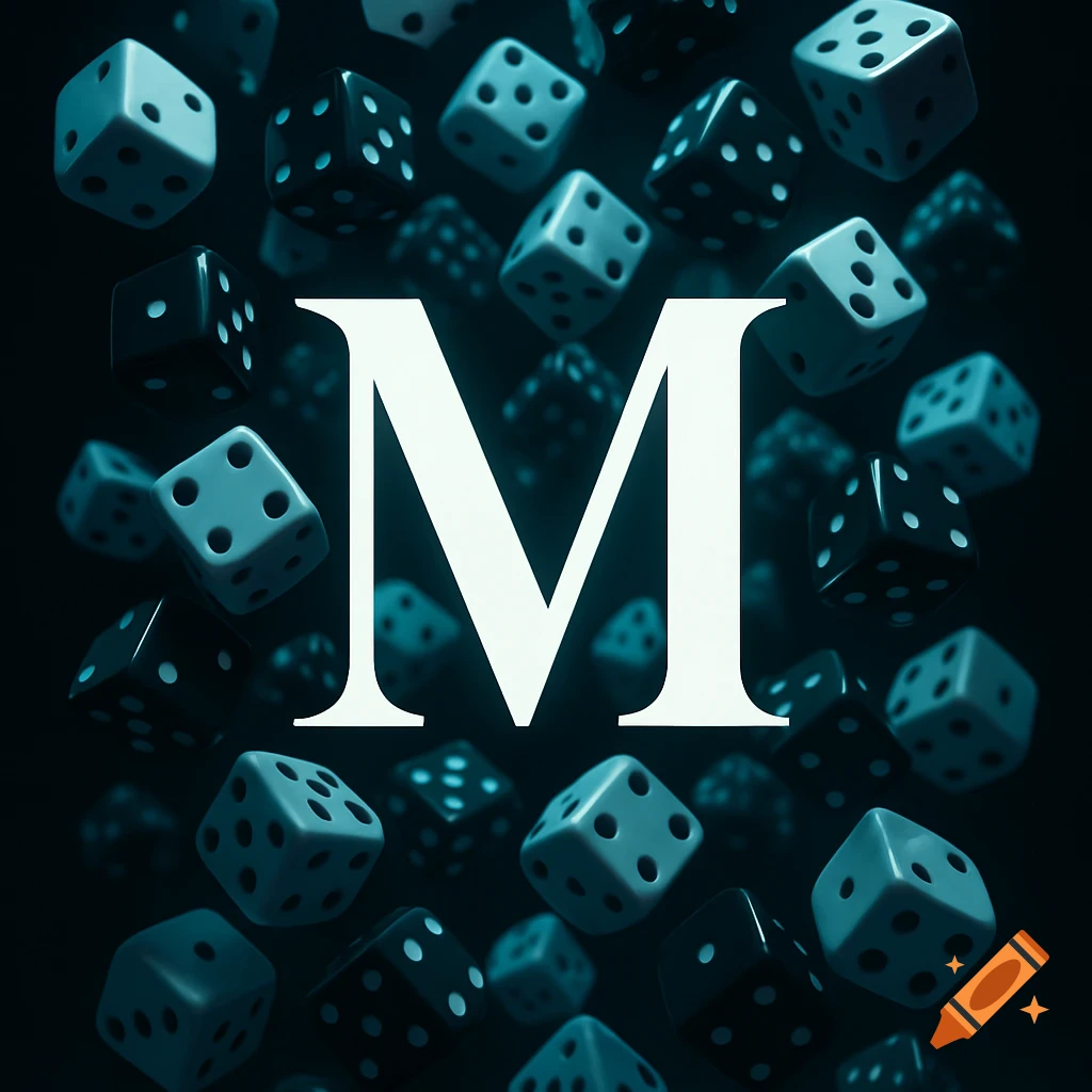 A large white letter M surrounded by numerous teal and dark blue dice falling against a dark background.