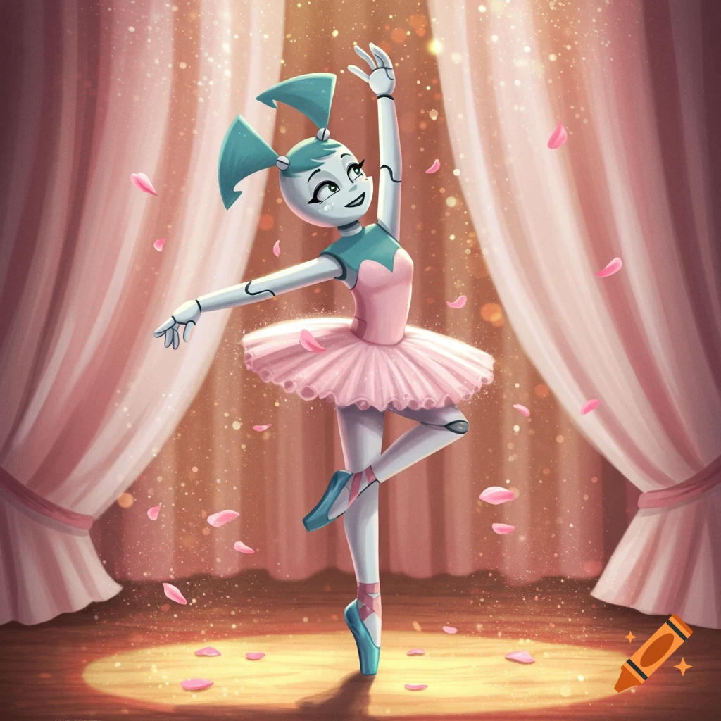 Animated Jenny Wakeman robot dances ballet in a pink tutu and teal pointe shoes on a stage with pink curtains and falling rose petals.