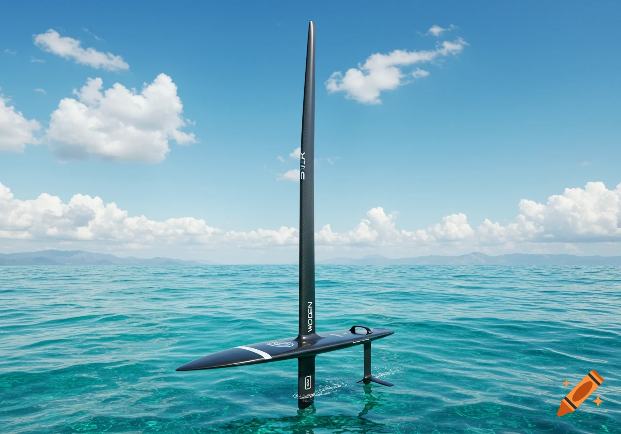 A black wing foil mast and board float on clear turquoise water under a blue sky with white clouds and distant mountains.