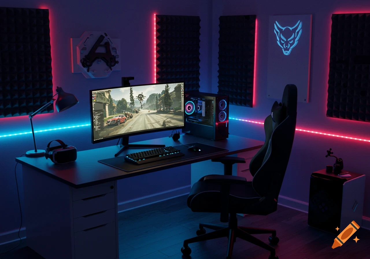 A vibrant gaming room with a PC, monitor displaying a game, VR headset, and a gaming chair, illuminated by blue and red LED strips.