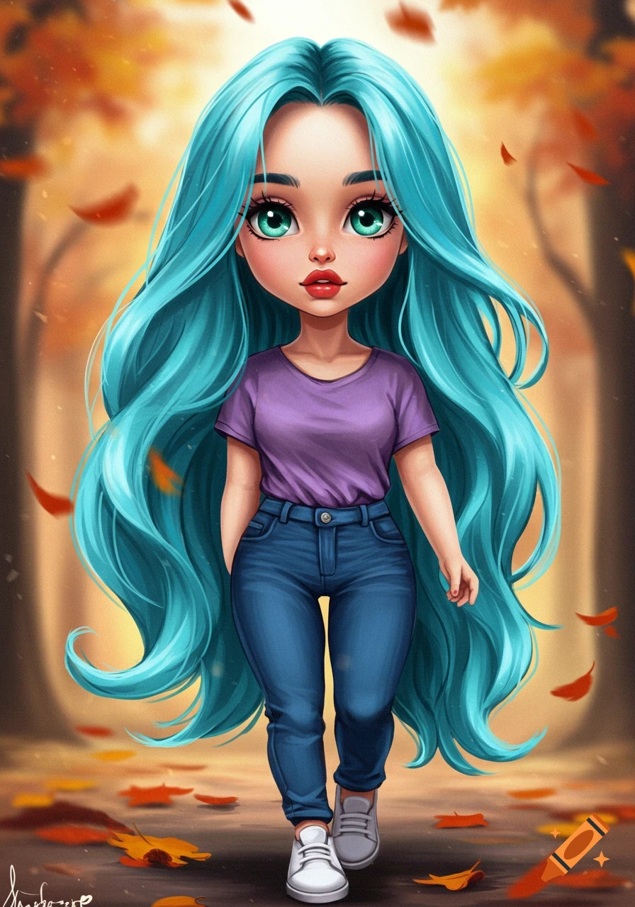 A stylized cartoon woman with long blue hair and big green eyes wears a purple shirt and jeans, walking in an autumn forest with falling leaves.