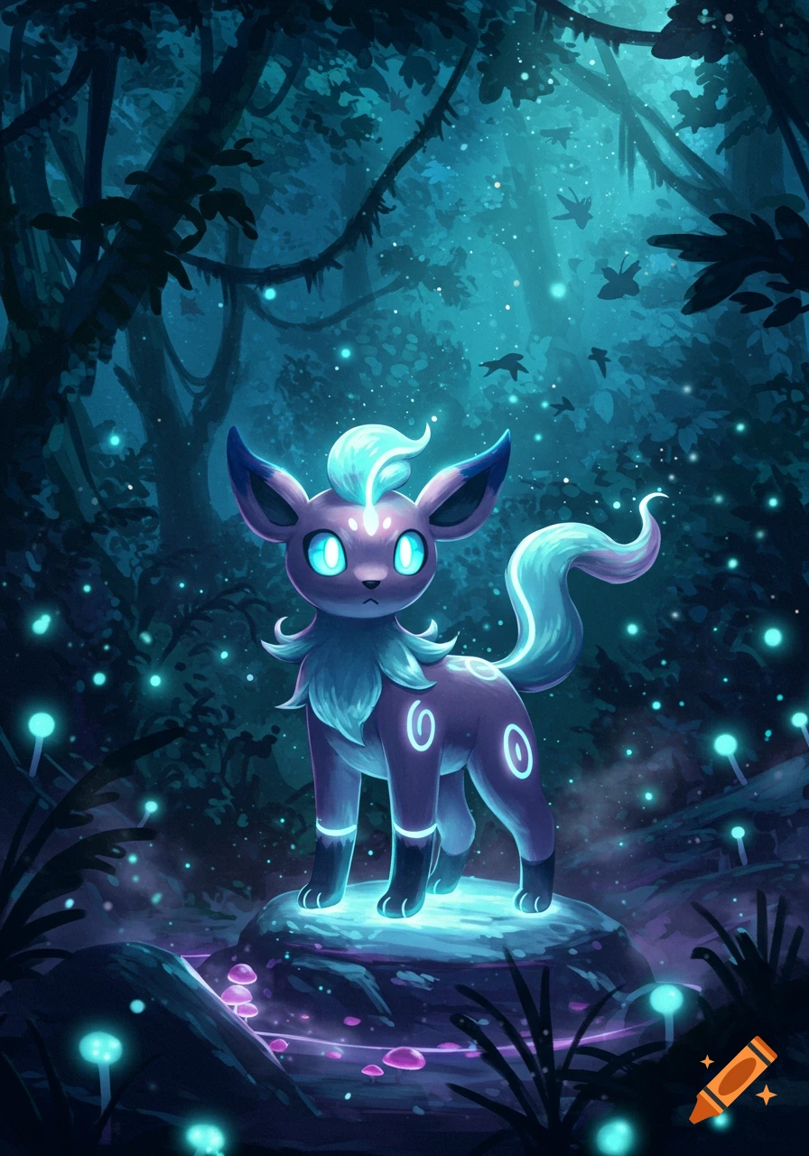 A glowing purple and blue fantasy creature, similar to a Pokémon, stands on a rock in a dark, luminous forest with glowing mushrooms.