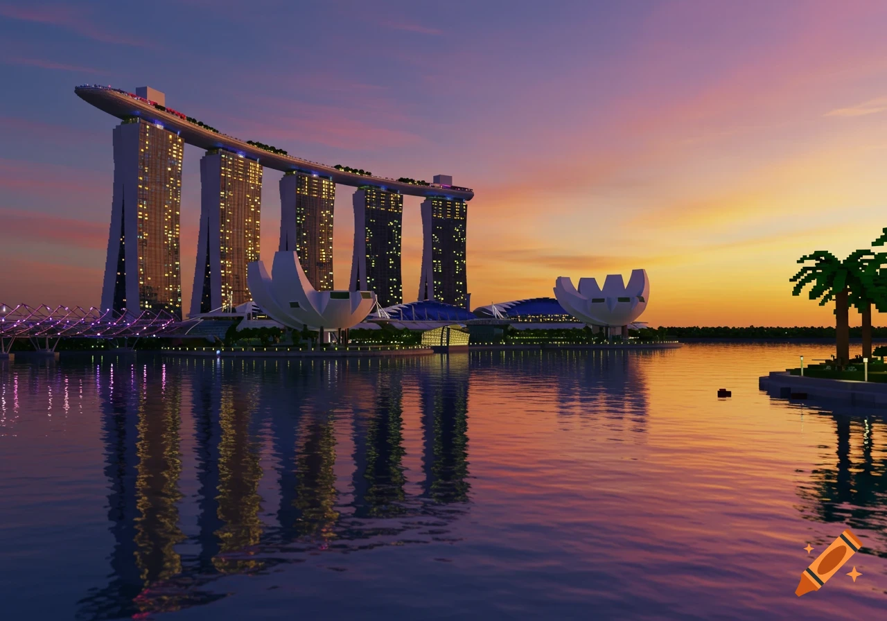 Roblox-style Marina Bay Sands and ArtScience Museum at sunset, reflected in water.