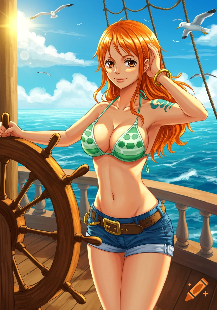 Anime character Nami from One Piece on a ship, wearing a bikini top and shorts, smiling while holding the ship's wheel.