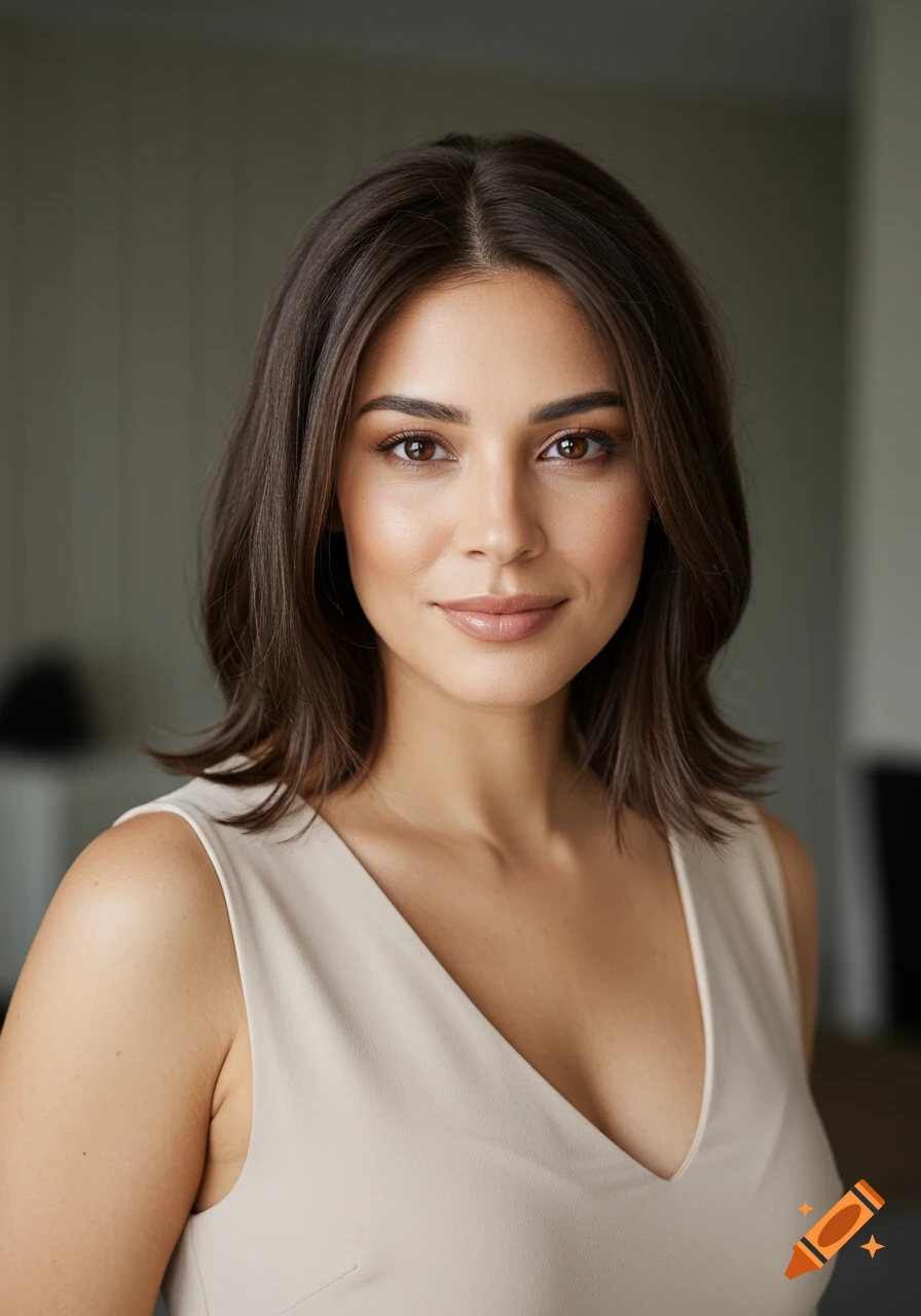 Photorealistic portrait of a woman with dark brown bob-length hair, brown eyes, and a light-colored v-neck top.
