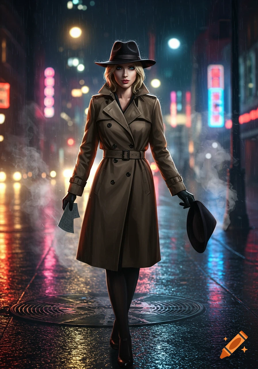 A blonde woman in a trench coat and fedora stands on a rainy city street at night, holding a piece of paper and a hat.