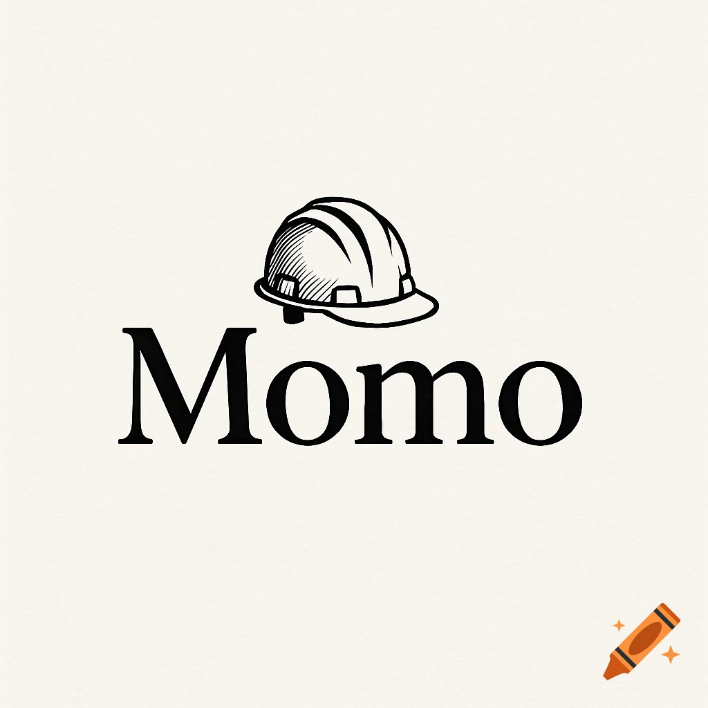 A minimalist logo with the word 'Momo' in black serif font, topped by a black and white line-art construction helmet.