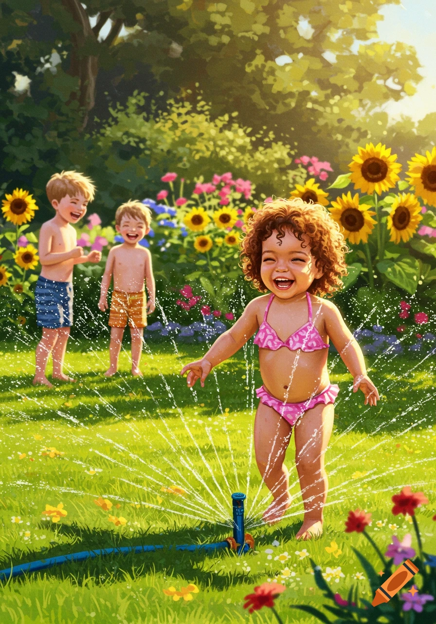 Joyful toddler in a pink bikini plays in a sprinkler with two boys in a sunny, flower-filled summer garden. Digital painting.