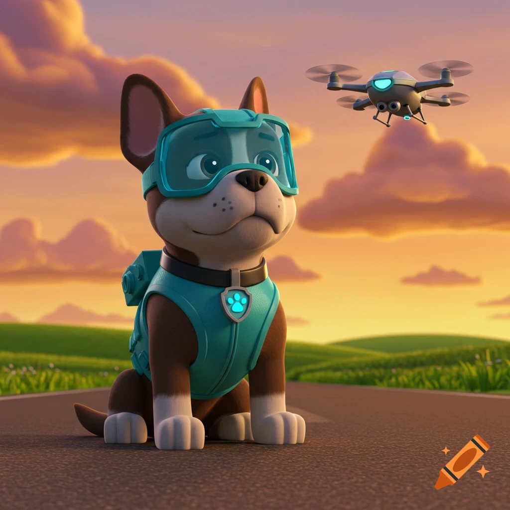 A cartoon French Bulldog-like Paw Patrol character in goggles and a teal uniform sits on a road at sunset, looking at a hovering drone.