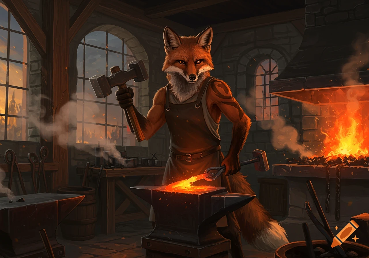 An anthropomorphic fox blacksmith in an apron hammers a glowing metal piece on an anvil in a warm, detailed forge.