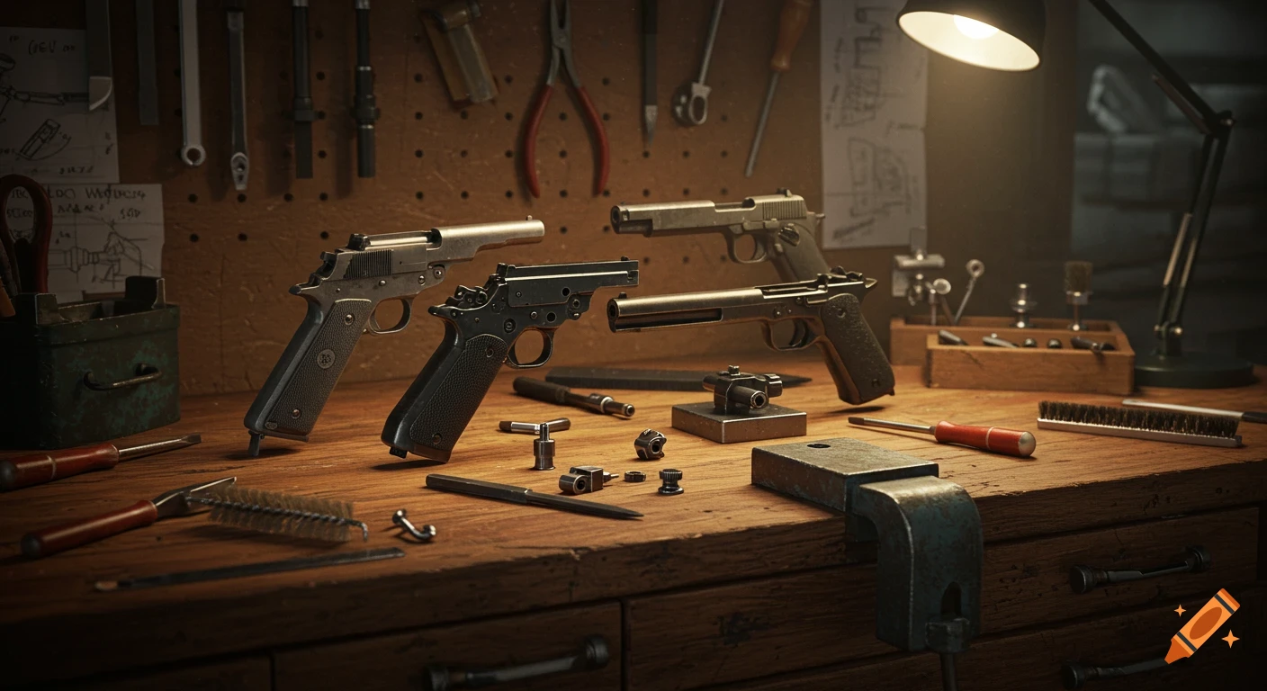 Photorealistic image of disassembled firearms and various tools on a wooden workbench in a dimly lit workshop.