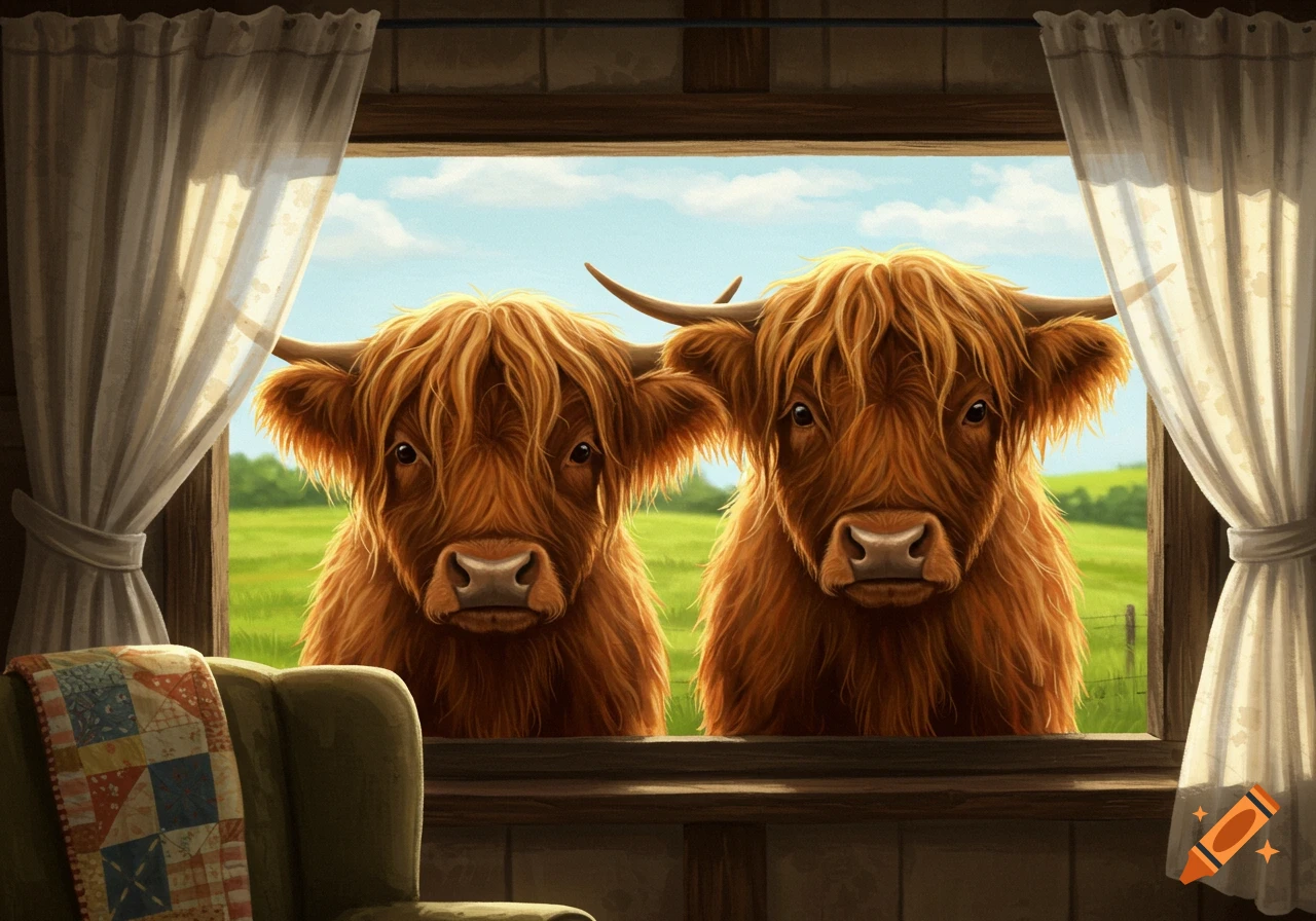 Two shaggy Highland cows look through a window from a vibrant green field, a cozy armchair with a patchwork quilt inside.