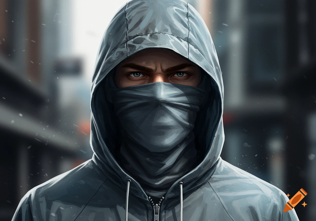 Close-up digital art portrait of a person in a dark hooded windbreaker with a face covering, revealing intense blue eyes.