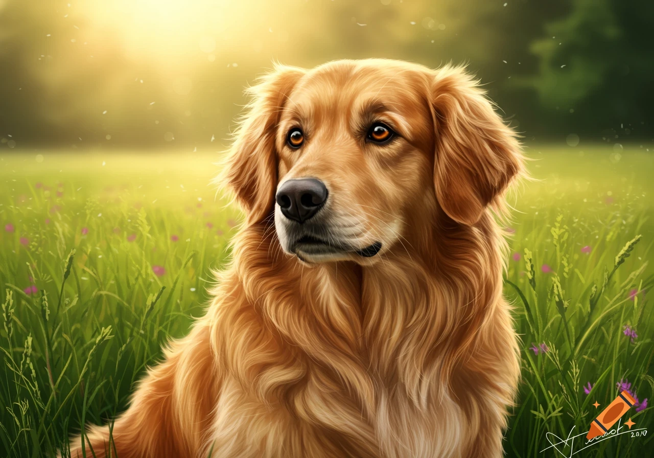 A majestic golden retriever with warm brown eyes sits in a sunny meadow of green grass and small purple flowers.