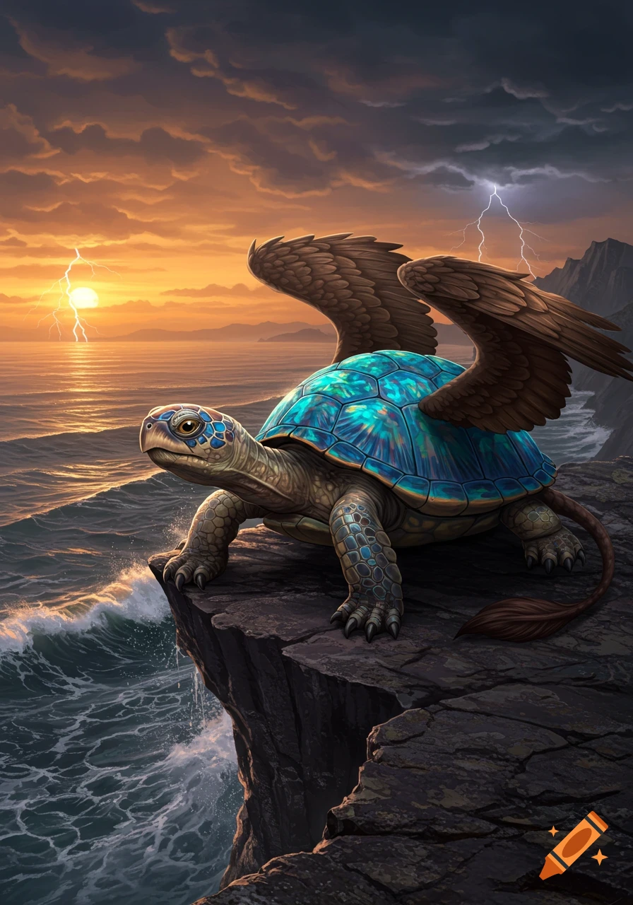 A majestic winged turtle with a glowing blue shell and lion tail stands on a cliff overlooking a stormy sunset ocean with lightning.