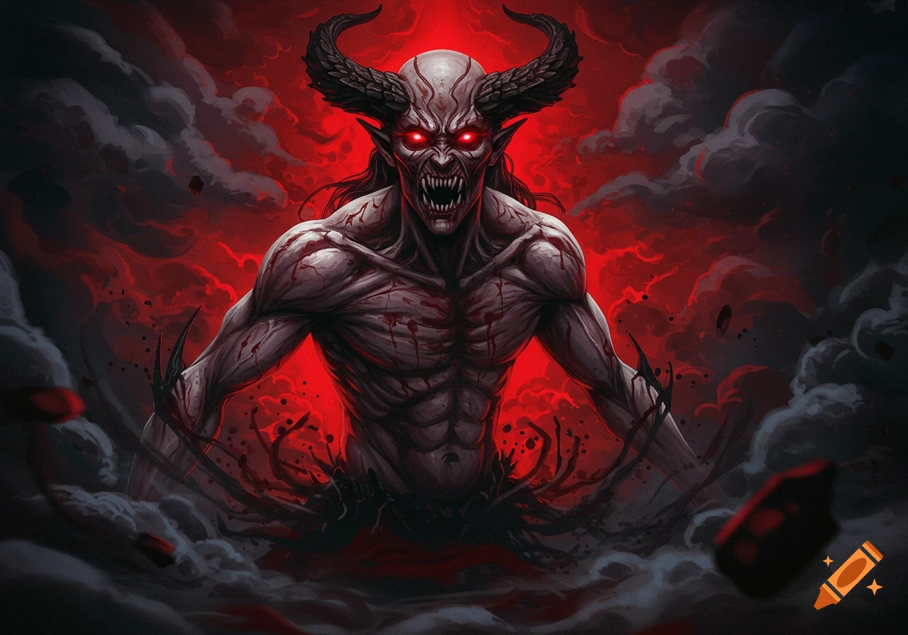 A terrifying horned demon with glowing red eyes, sharp fangs, and a blood-splattered body emerging from dark smoke against a red background.