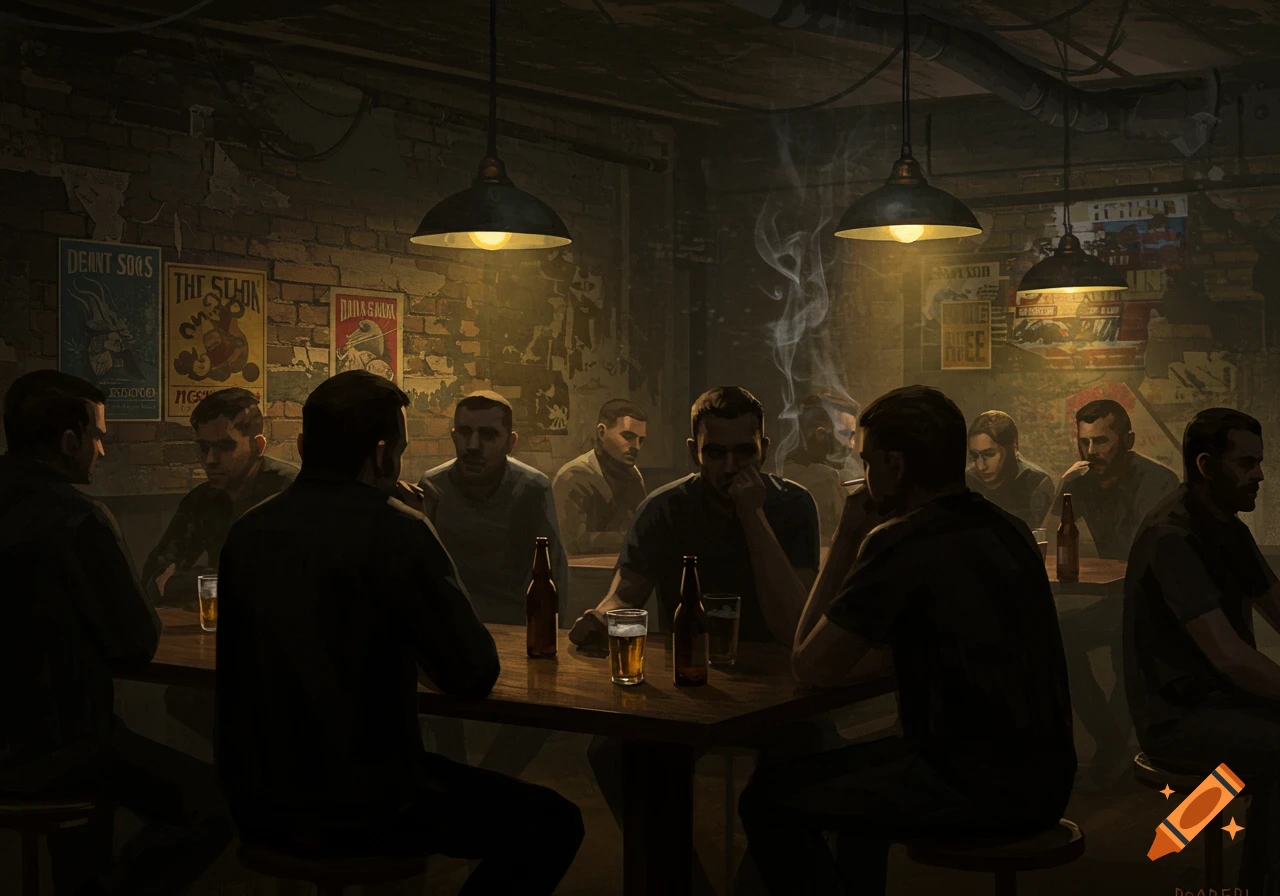 Men gather in a dimly lit, brick-walled bar, drinking beer and smoking, in a stylized illustration.