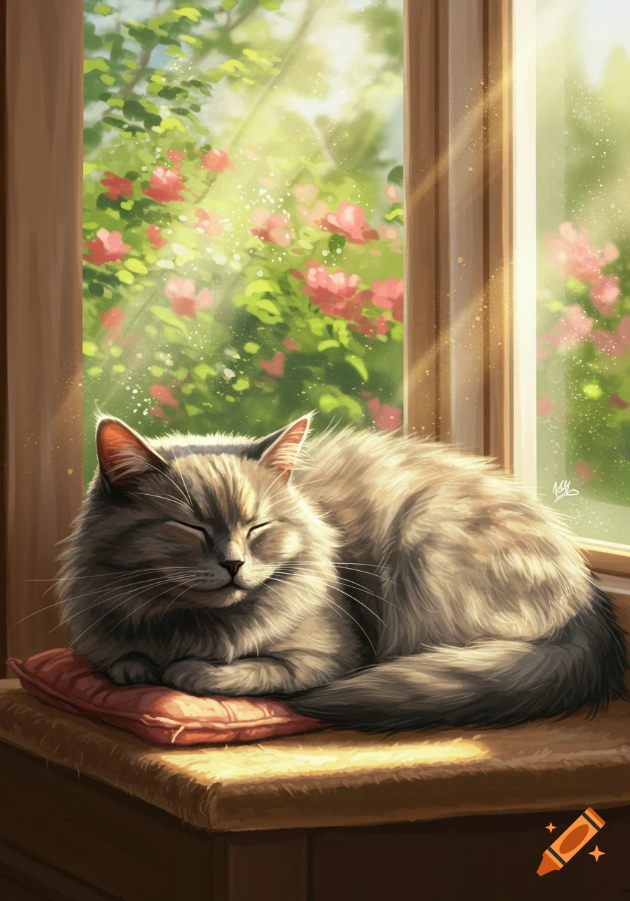 A fluffy gray cat sleeps soundly on a red cushion by a sunlit window, with pink flowers blooming outside.