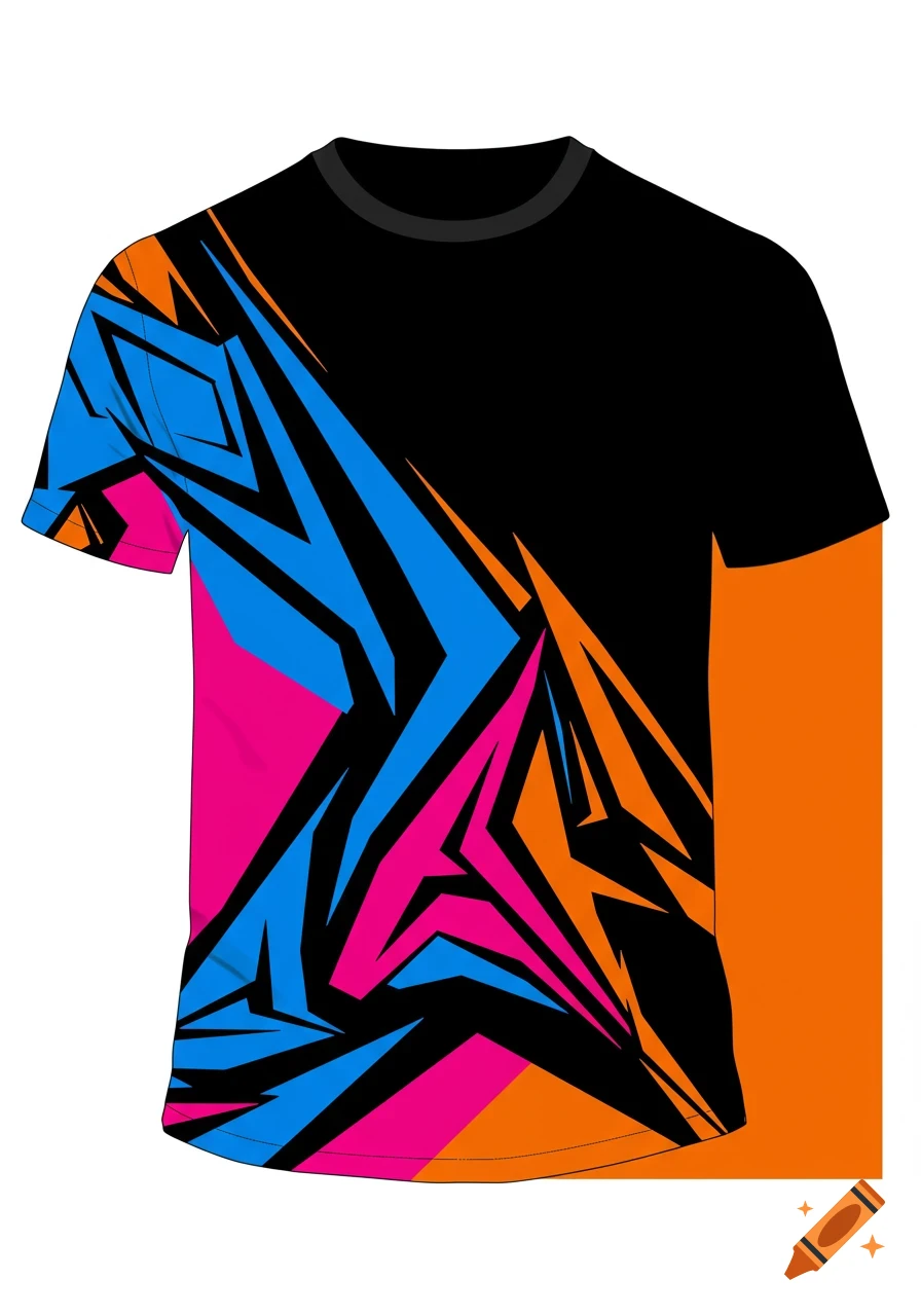 Black t-shirt with a vibrant abstract graphic design in blue, pink, and orange geometric shapes.
