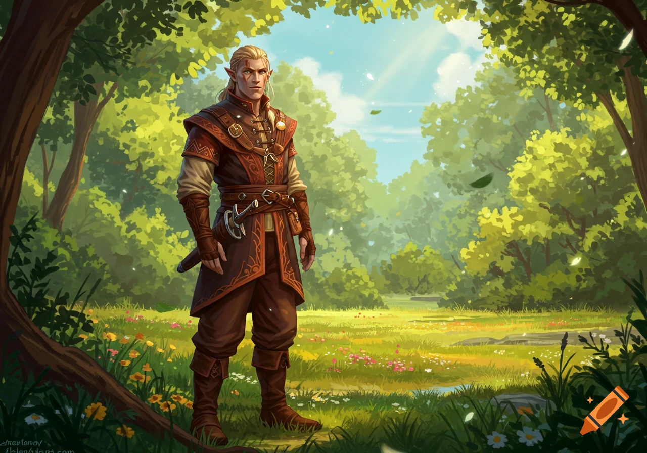 A blond elf-like fantasy warrior in a brown and red tunic, with a sword, stands in a bright, lush forest with wildflowers.